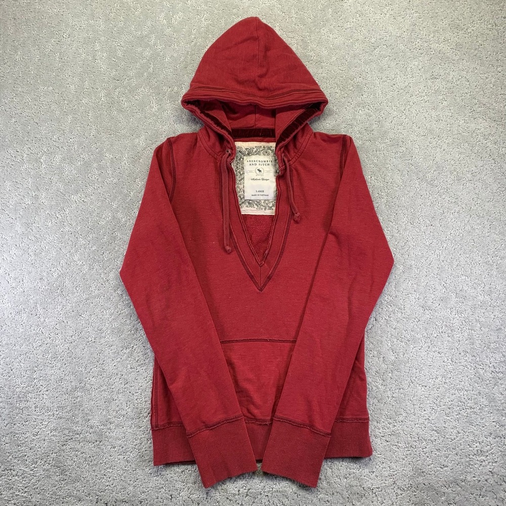 Vintage Y2k Abercrombie and Fitch Womens Hooded Sweatshirt Large Red Babydoll